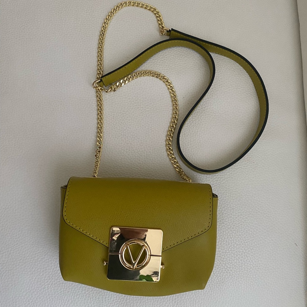 Mario Valentino Green and Gold Crossbody Bag with Chain and Flap Closure